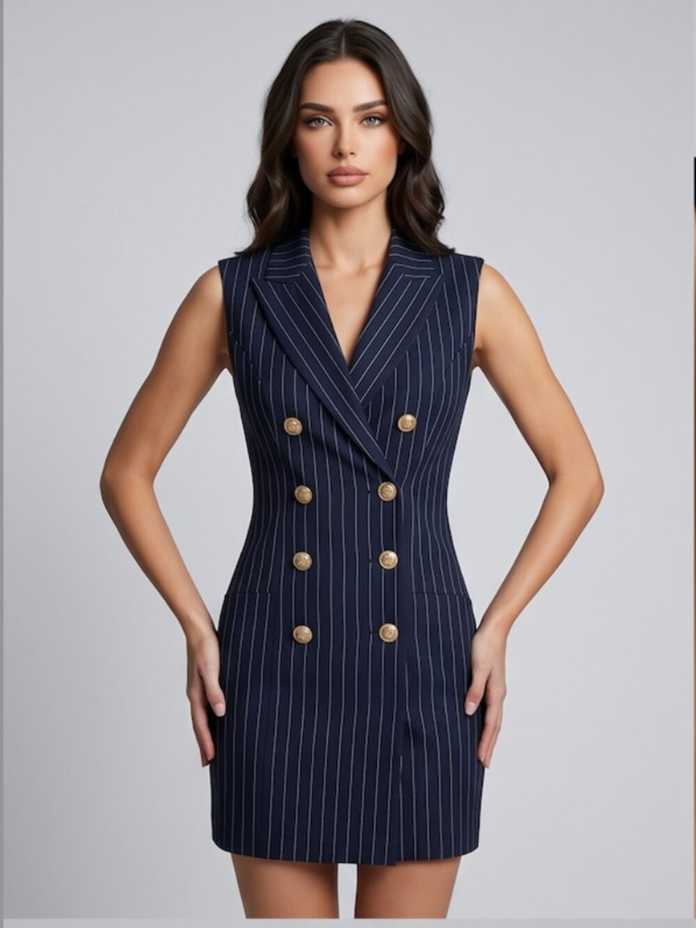 Navy Blue Pinstripe Sleeveless Blazer Dress | Double-Breasted Gold Button Tuxedo